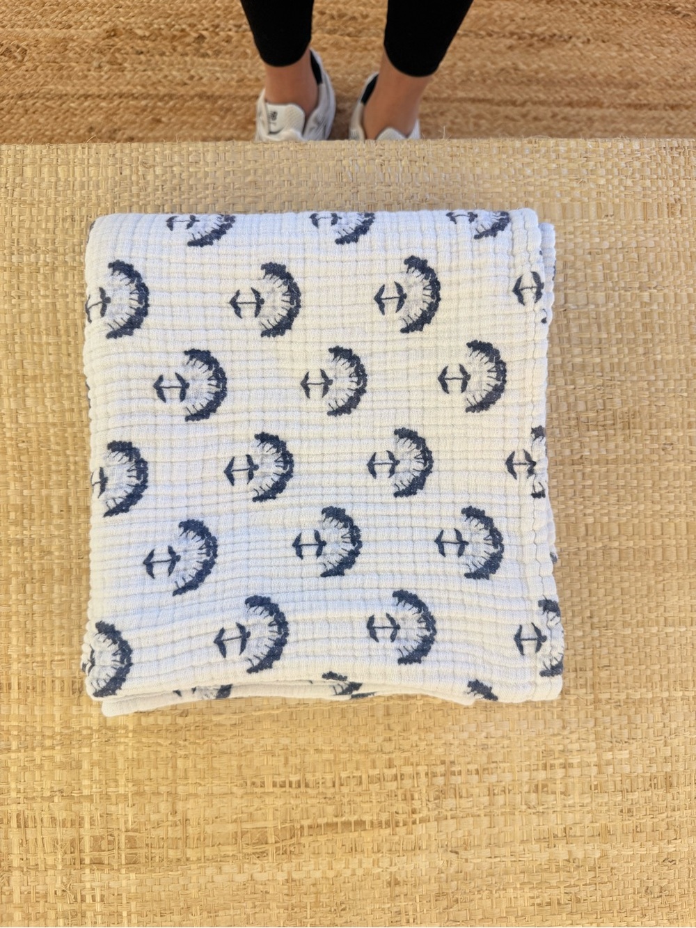 Serena & Lily White Waffle Blanket with Navy Crescent Motif